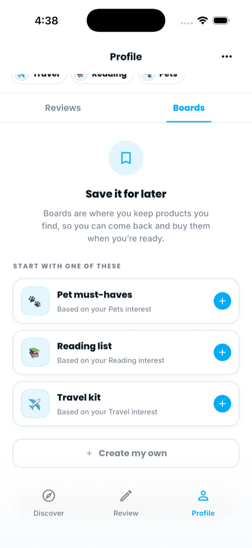 Profile boards for saving products to buy later